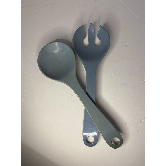 Vtg Salad Spoon Fork Tongs Utensils Servers Melmac Plastic MCM Blue - Picture 6 of 6